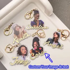 1pc Customized Acrylic Photo Keychain - Golden Mirrored 3D Letters, Double-Sided Personalized Design, Unique Charm for Cars, Backpacks, and Gifts. Perfect for Couples and Pet Lovers