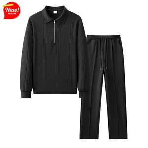 Men's Textured Polo & Jogger Set - 100% Polyester Waffle Knit American Retro Style Spring/Fall Casual Wear S-3XL Breathable Elastic Ribbed Khaki French Terry Hoodie Set