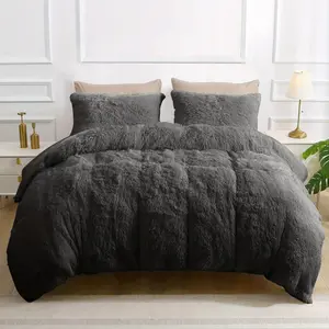 3-Piecing Plush Faux Fur Queen Duvet Over Set-soft, Shaggy, Fuzzy, and Fluffy Dark Grey Flanner with Zipper Closure, Corner Ties, and 2 Pillowshams - 90x90 Inch, Queen