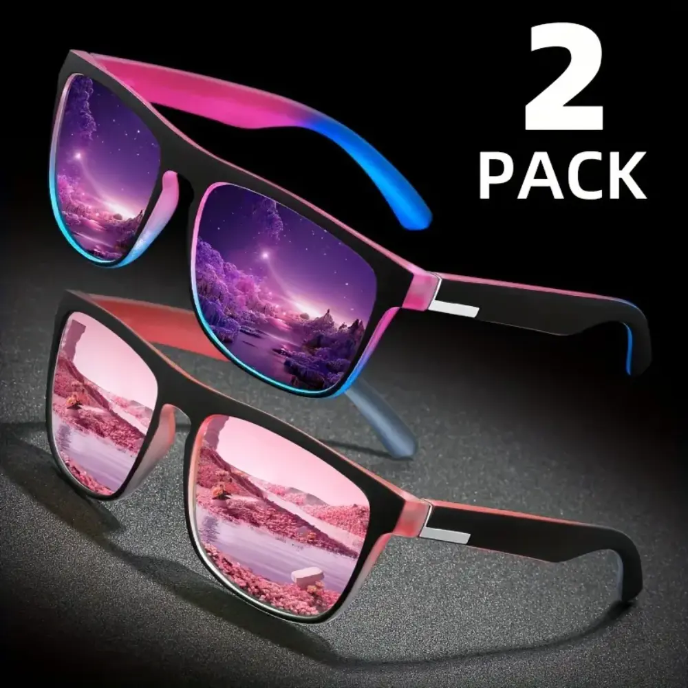 Unisex Square Sunglasses 2-Pair Set, Polarized Trendy Shades with Bold Solid Color Composite & Metal Frames for Parties & Festivals