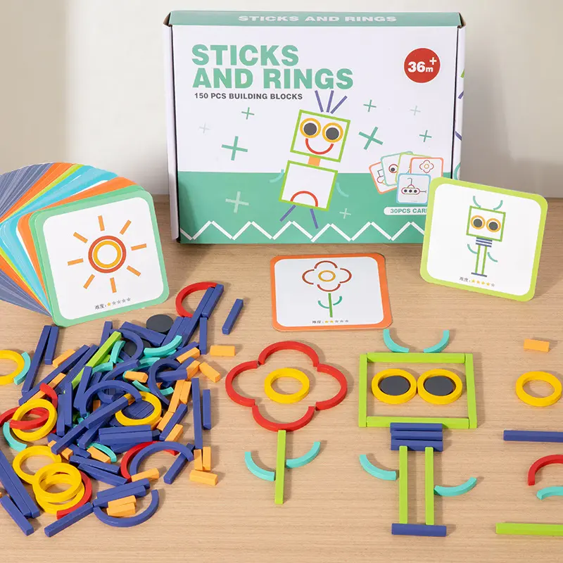 Children's puzzle ring game for developing logical thinking skills; wooden puzzle for early childhood hand-eye coordination.