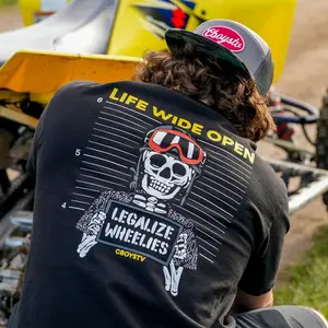 Men's "Life Wide Open" Double-Sided Graphic T-Shirt, Adult Skeleton Wheelie Biker Tee, Unisex Streetwear Short Sleeve Top, "Legalize Wheelies" CBOYSTV Inspired Shirt