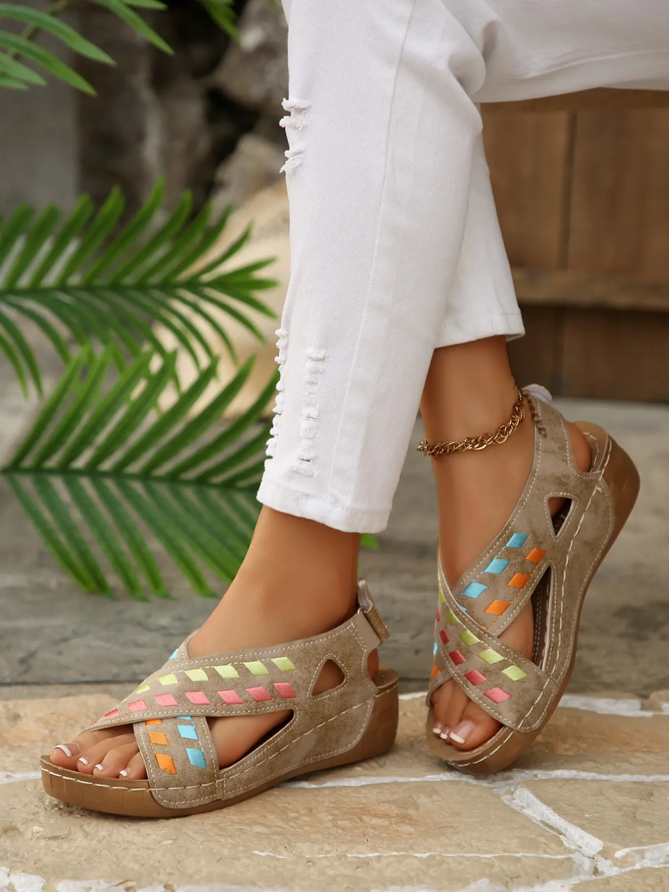 Women's New Fashion Summer Embroidered Cross Strap Wedge Sandals, Comfortable Lightweight Casual Round Toe Shoes, Multi-Color PU Leather, Affordable Sandals