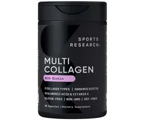 Sports Research Biotin-Infused Collagen Peptides Complex with Hyaluronic Acid – 5 Multi Collagen Types for Hair, Skin & Joint Support* - Gluten Free · Non-GMO · 90 Capsules