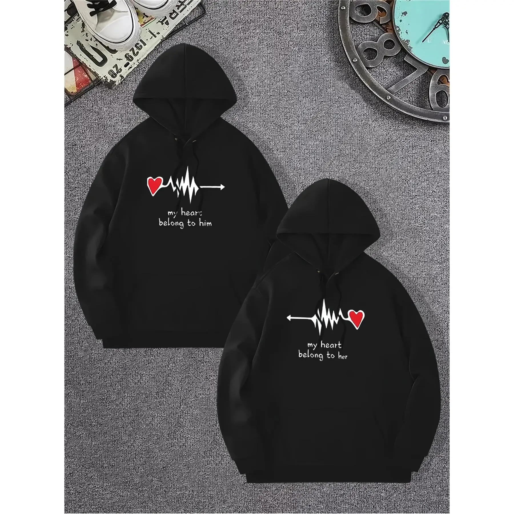 His & Hers Heartbeat Graphic Hoodies - Casual Black Knit Pullover with Love Print, Adjustable Drawstring Neck, Soft Polyester Blend, Perfect for Couples in Spring & Autumn Shirts Short Sleeve, Tops