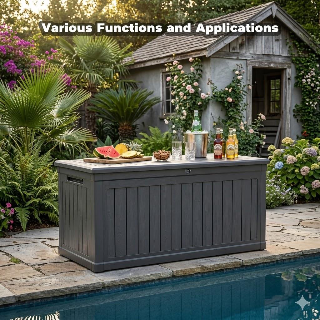 260 Gallon Outdoor Storage Deck Box with Seating Heavy Duty Waterproof Resin Bench for Patio Garden Backyard Poolside Organization Lockable Lid Easy Lift Wood Look Black Storage