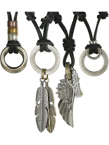 Natural 4 Pcs Unique Leather Necklaces Alloy Necklaces for Men Women Feather Pendant Vintage Wing Feather Chain Adjustable Chains Jewelry Set