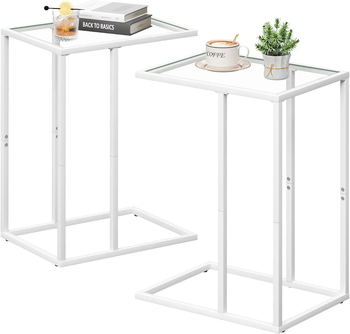 Small C Shaped End Table Set of 2, Glass Couch Side Snack Table for Living Room, Bedroom,TV Tray Table for Sofa,Accent Coffee Table,Nightstand with Metal Frame(White)