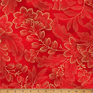 Fabric Hoffman Cherry/Gold Crown & Vine Metallic by the Quarter Yard Y7818-443G