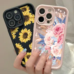 Sunflower Luxury Pink Floral Raised Camera Protective Case For iPhone 17 Air /17E 16E 16/15/14 Plus /13/12 Mini/11 Pro Max Cases For iPhone X XS Max Soft Liquid Silicone Shockproof Back Cover