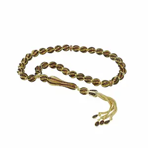 Gold Plated Sterling Silver Red Zirconia Twisted Beads Tasbih Rosary Worry Beads