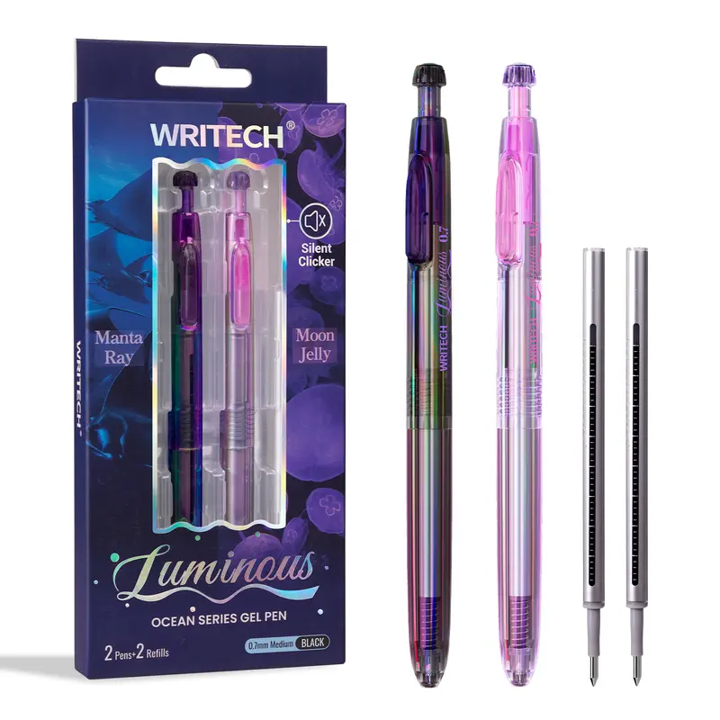 WRITECH Luminous Gel Pens Medium Point: Luminous pen set 0.7mm, Black Ink, Includes 2 Pens and 2 Refills, Silent Clicker, Smooth Writing for School Office & Everyday Use