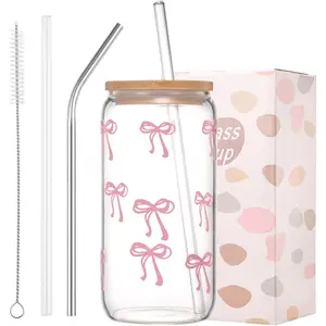 Cute Pink Bow Glass Cup with Lid and Straw, Aesthetic Iced Coffee Cup, Girly Style College Style Design Insulated Cup Suitable for Teenage Girls Women Best Friend Gift