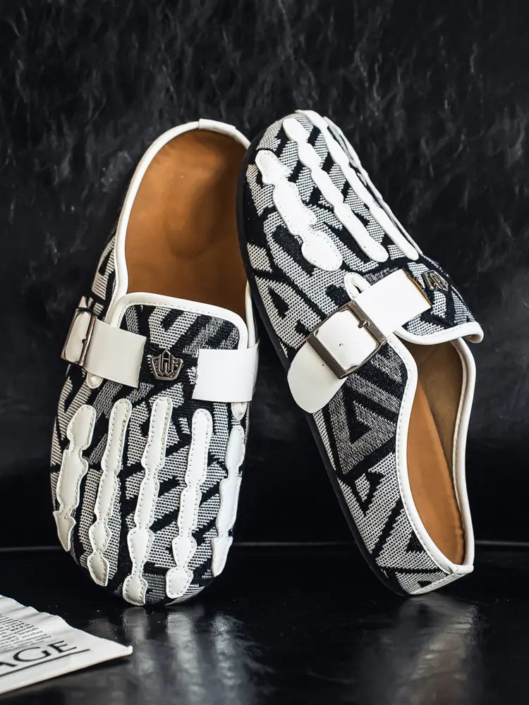 Women's Bohemian Mules with Geometric Print, Round Toe Flats Featuring a Strap Accent, Cushioned Footbed and Rubber Sole, Lightweight Cushioned Clogs, Walking Shoes, Slip On, Tribal Print, Buckle Strap, Boho Mules, Footwear, Fabric Upper, Cushioned Bed