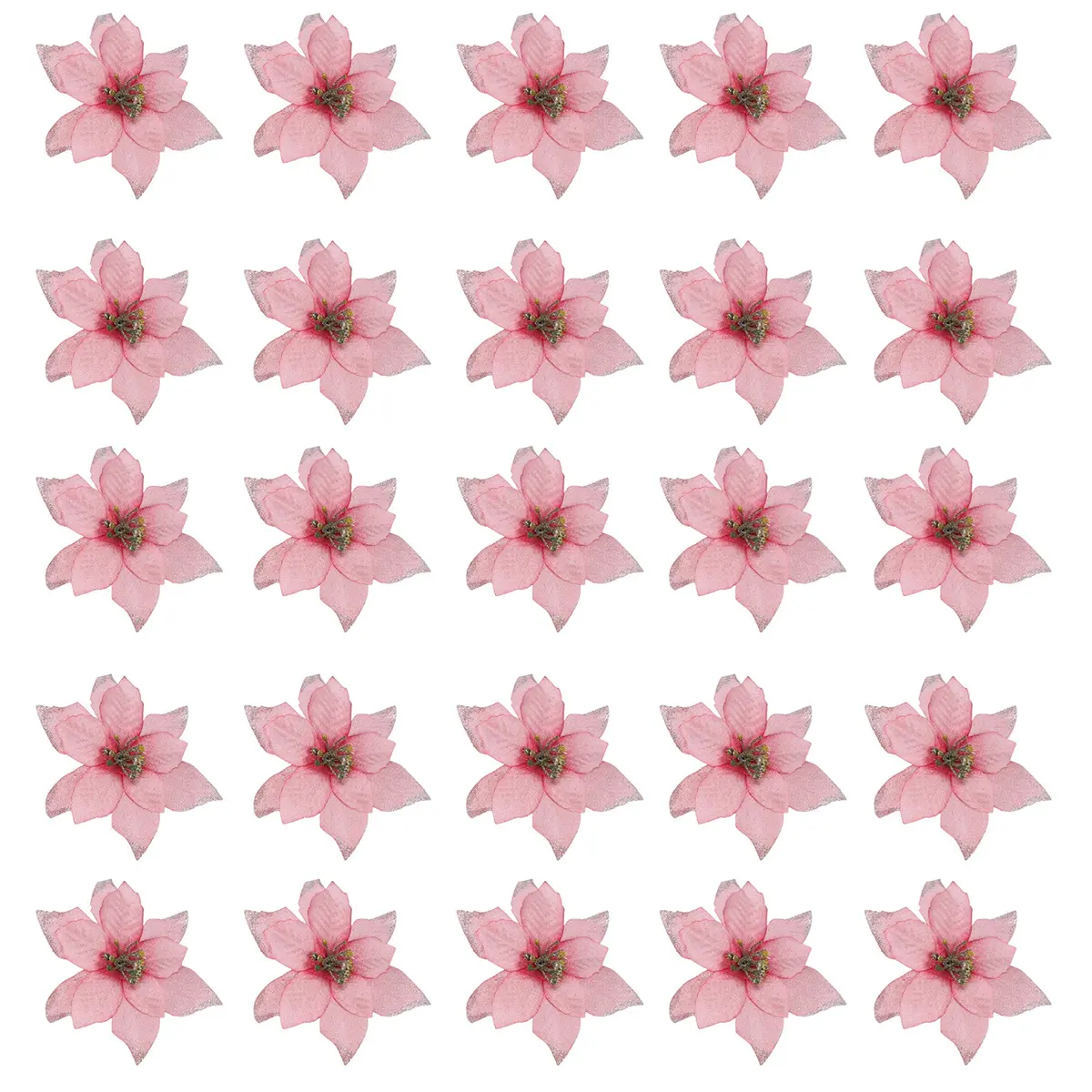 50-Pack 5 inch Glitter Finish Poinsettia Shape Flower Ornaments, 13cm Cloth Fabric Artificial Picks, Car Interior Seat Cushion Hangers for Wedding, Christmas Tree Decor (Pink), Table, Bling