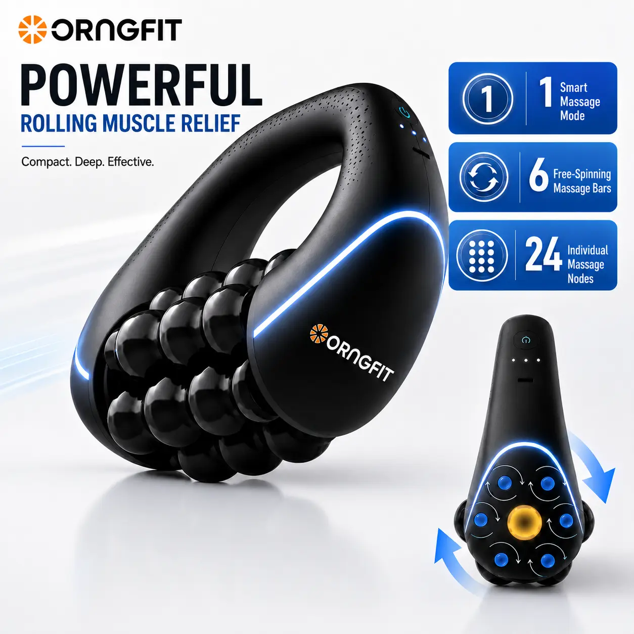 Handheld Electric Rolling Massager, Deep Tissue Muscle Massage Tool with 3-Speed Rotation, Cordless Rechargeable Body Massager for Neck, Shoulders, Back, Arms, Legs, Calves & Full Body Relief