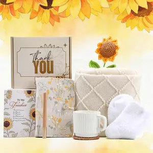 Remerry Thank You Teacher Gifts for Women Teacher Appreciation Gift End of Year Gift Basket with Box Blanket Mug Journal Socks and Greeting Card for Teachers Women Graduation Set of 9(Sunflower)