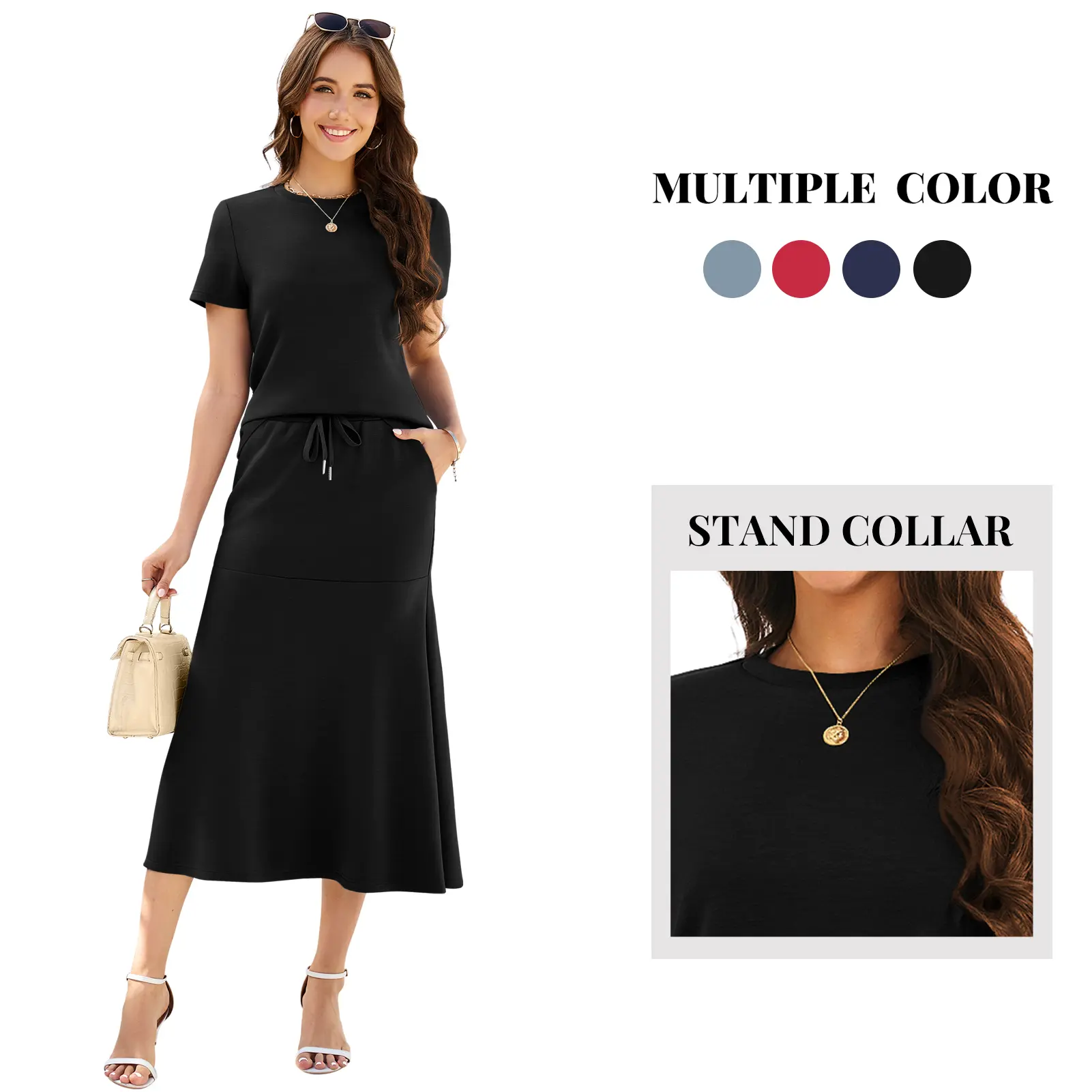 Casly Lamiit Women's 2-Piece Light Suit - Elegant Casual Fitted Outfits, Short-Sleeve Stand Collar Top & Plain Fishtail Midi Skirt with Pockets, Drawstring, Breathable Luxuriously Soft Fabric for Summer Day Wear, Outdoor Fun | Women's Clothes