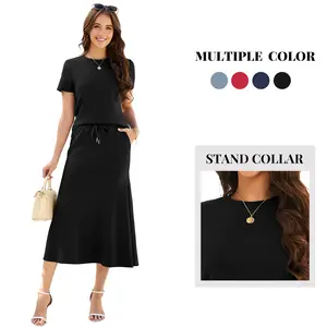 Casly Lamiit Women's Two Piece Sets Summer Casual Outfits Short Sleeve Top Fishtail Midi Skirts with Pockets Lounge Set Multiple Color Stand Collar Luxuriously Soft Fabric 2 piece sets #Springfresh