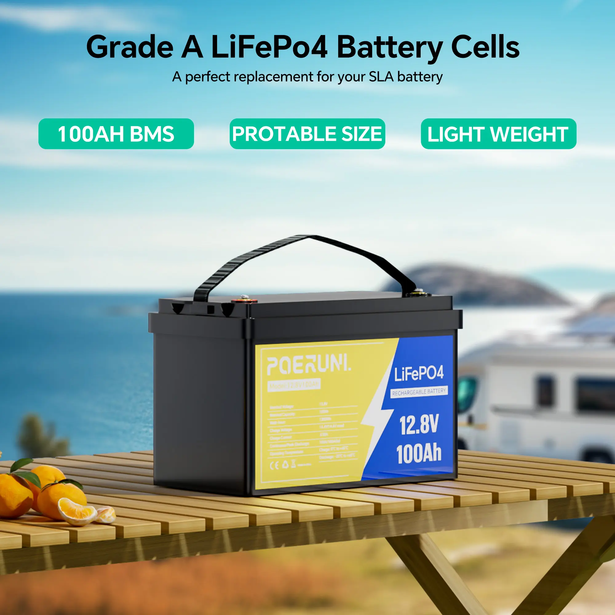 Poeruni 12.8V 100Ah LiFePO4 Rechargeable Battery - High-Capacity Portable Lithium Power for Off Grid Supplies, RV Backup Battery with 100ah Long Run Safety & Reliability