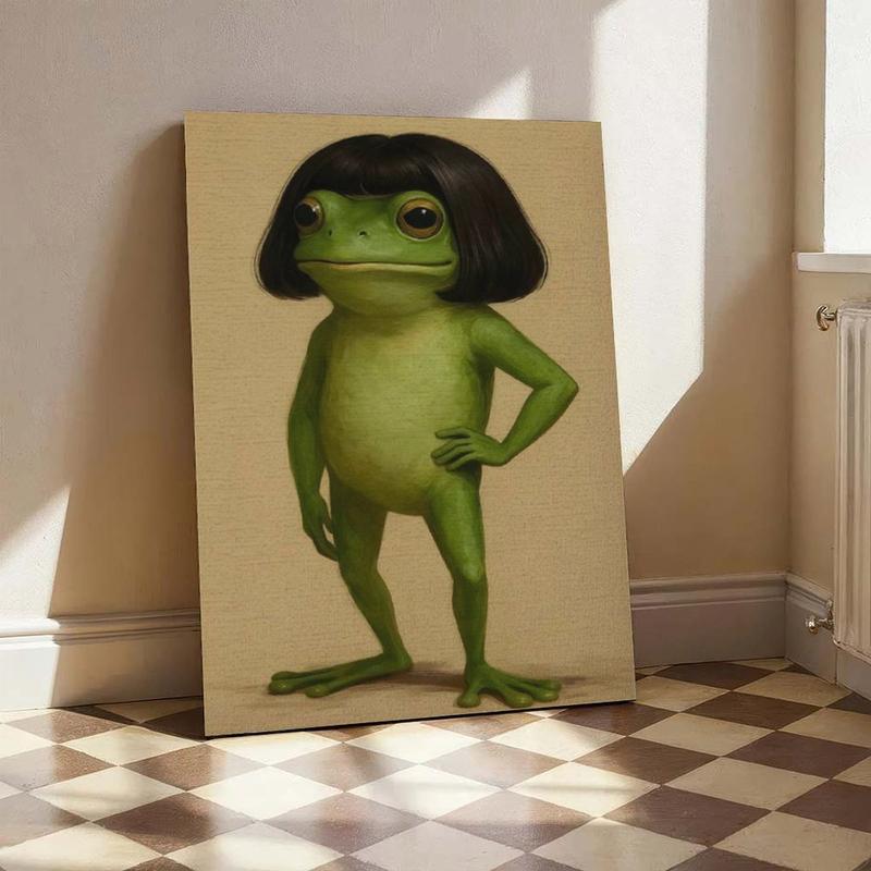 Whimsical Frog Portrait Canvas Poster Funny Animal Abstract  Mimalist Green  Funny Frog Poster Art Print Bob Haircut Kids Playroom Decor Frog Lover Gift Unique Wall Art quirky wall decor opossum humor artwork funny poster 24x  36 unique art decor posters