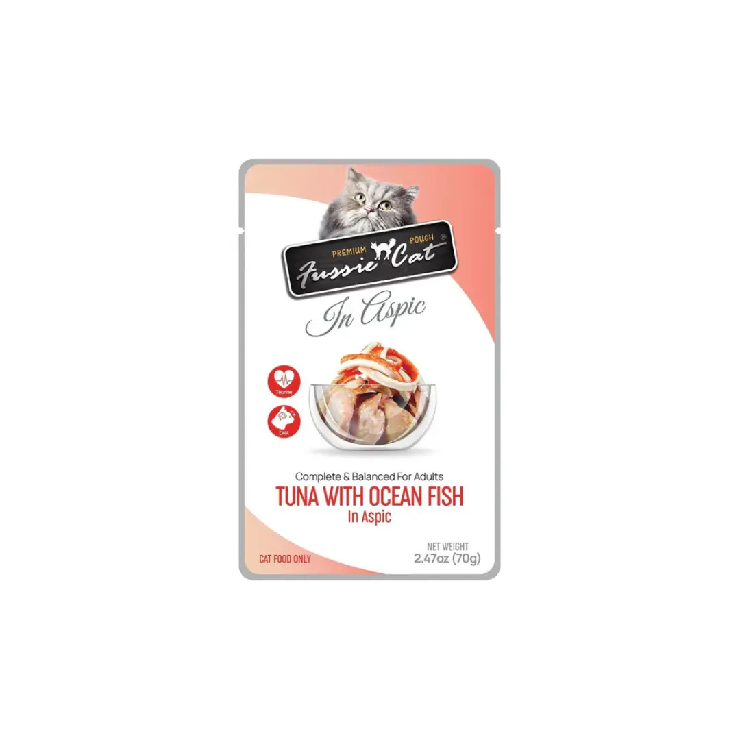 Fussie Cat Premium High Protein Tuna with Ocean Fish in Aspic Wet Cat Food - 2.47-oz Pouch Packs, with Inulin, Vitamin A Supplement, Zinc Sulfate, Folic Acid, Xanthan Gum, Thiamine Mononitrate, Sunflower Seed Oil, Glycine, Copper Sulfate, Seafood, Taurine