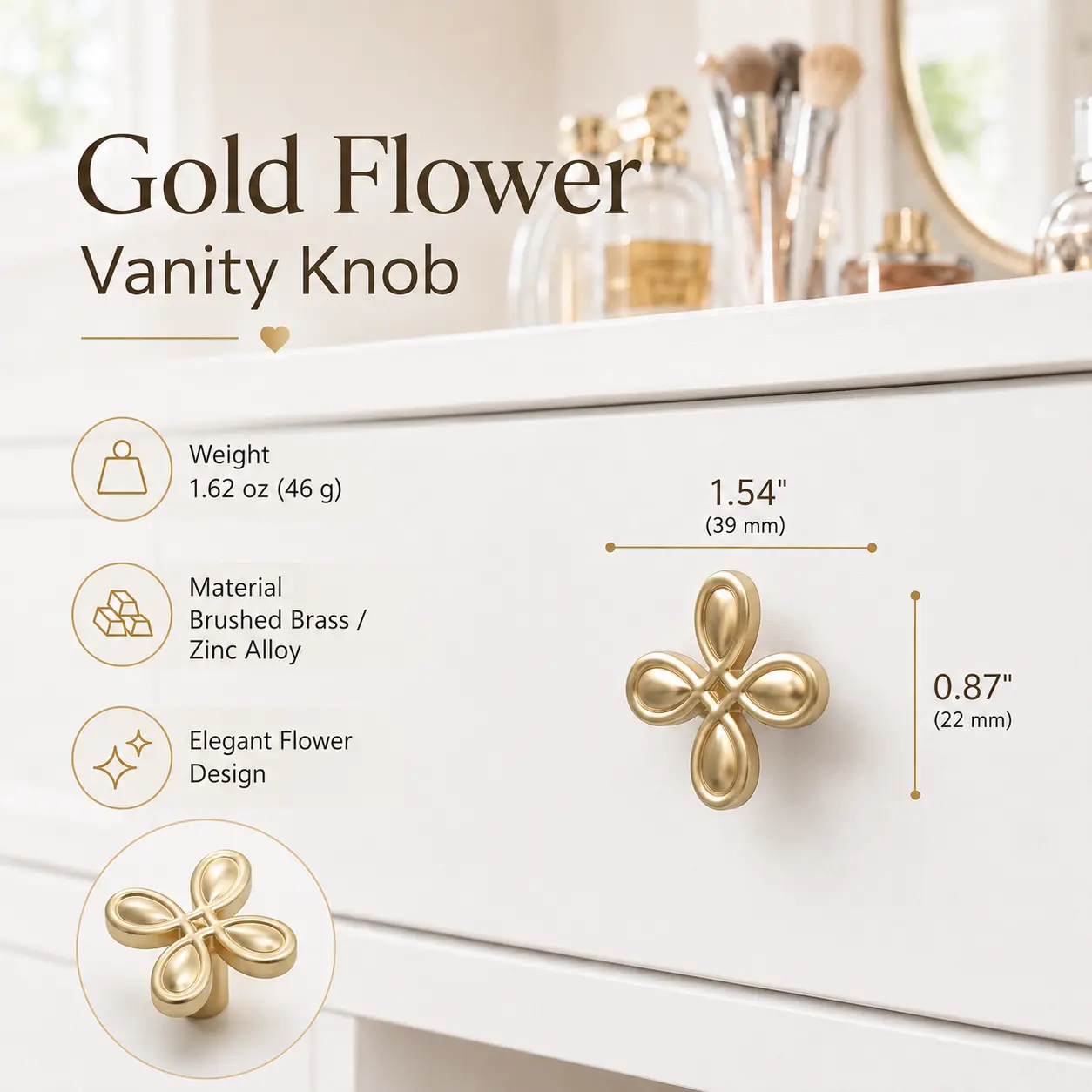 FUSOU 15Pcs Gold Flower Vanity Drawer Knob, Dresser Drawer Handles, Zinc Alloy, Cabinet Knobs, Drawer Pulls, Furniture Hardware, Decorative Furniture Knobs, Replacement Cabinet Handles, Drawer Knobs with Screws