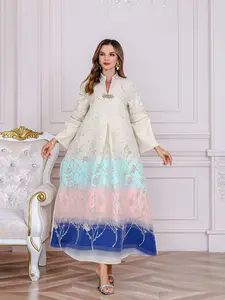 Elegant Women's Middle Eastern Style Jalabiya Dress, Long Sleeve Stand Collar Maxi Dress, Beaded Sequins Patchwork Design