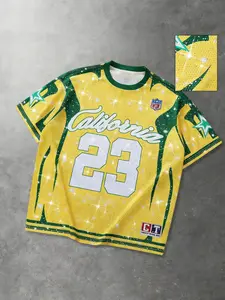 Summer Men's Vintage Sports Jersey, California 23 Star Graphic Bling Mesh Oversized T-shirt, Breathable Lightweight Hip Hop Streetwear, Versatile Casual Top for Festival Skateboarding Street Outfit