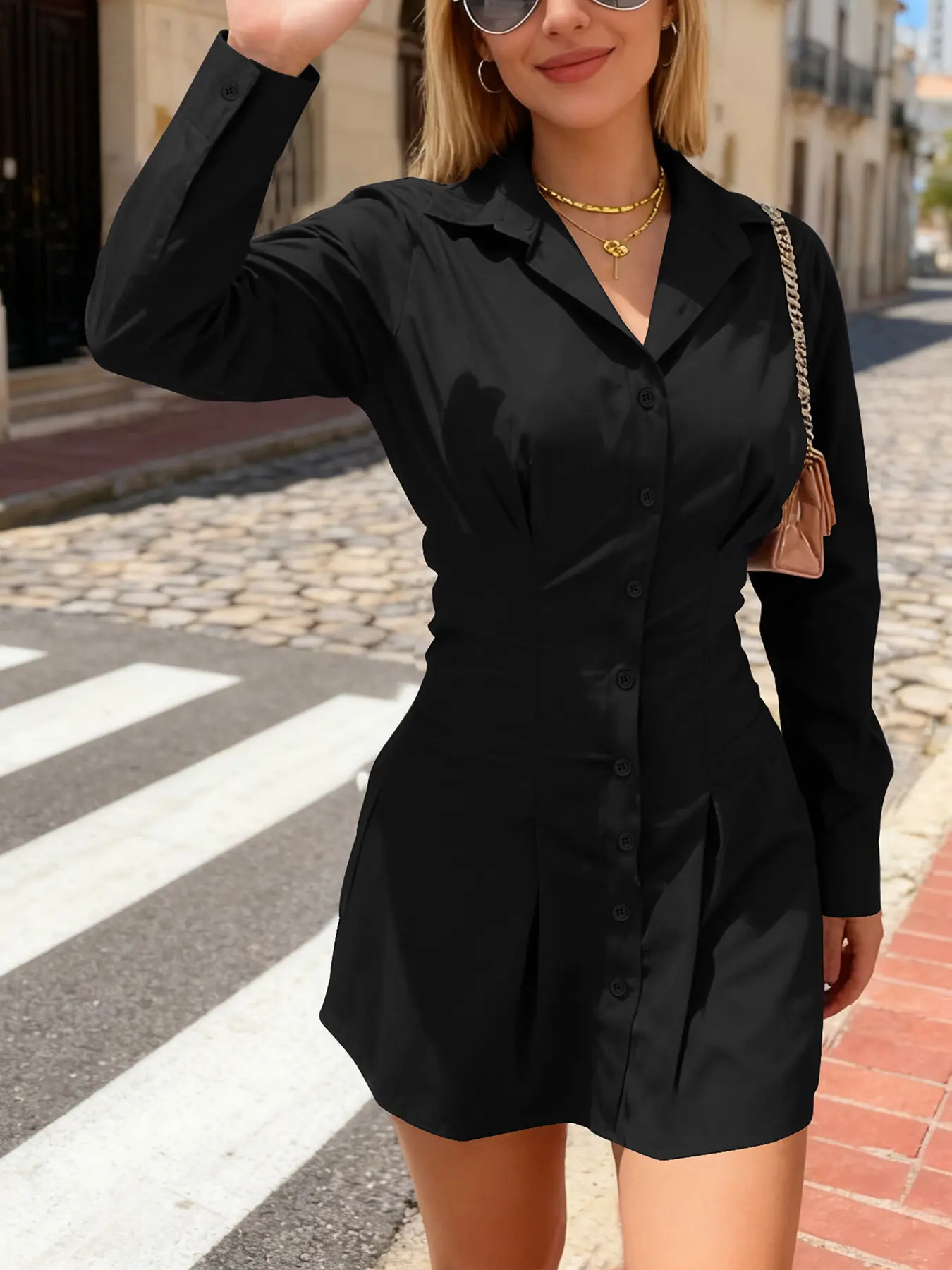 long sleeve asymmetric hem mini dress in black Cosmos main image 0