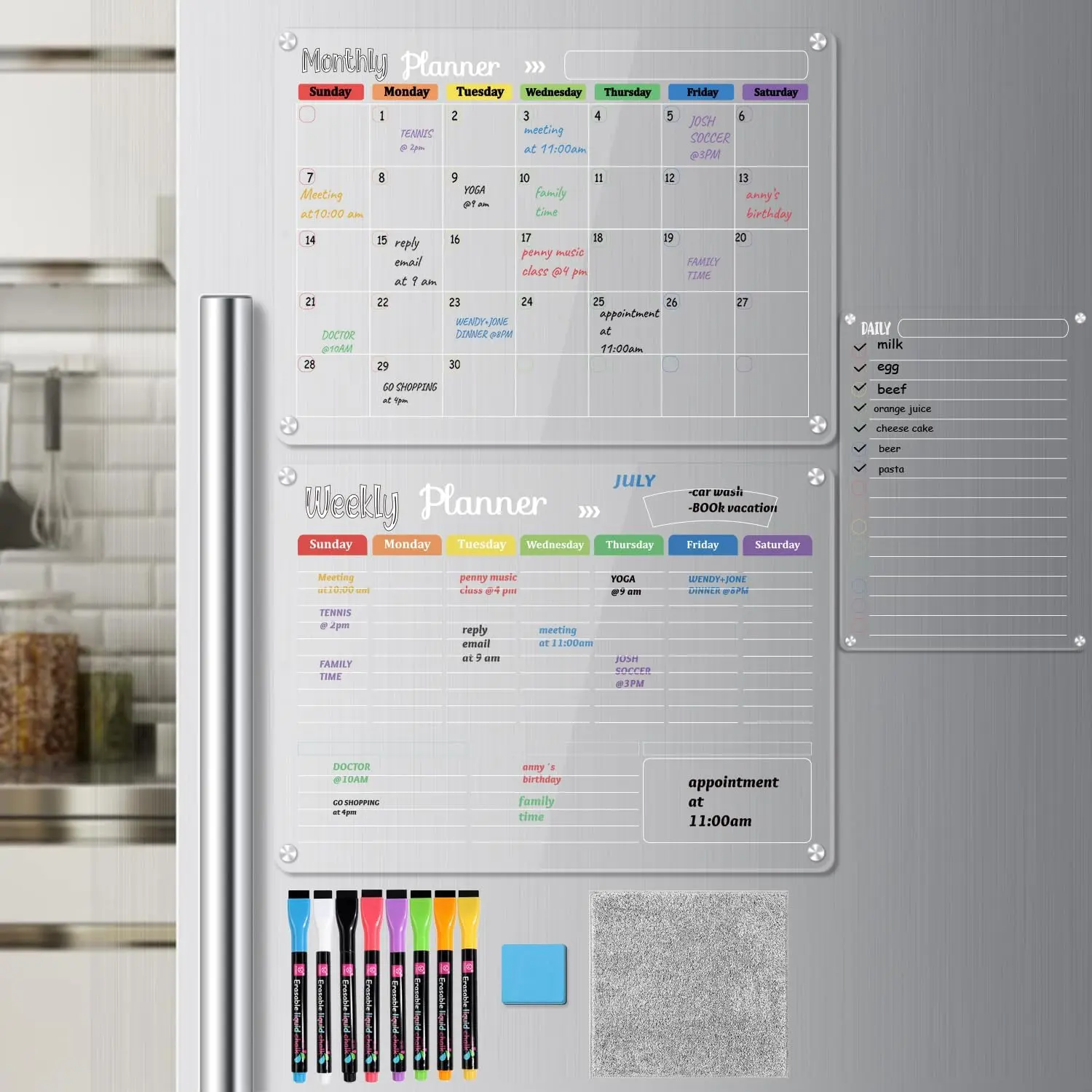 Hivillexun 3-Pack Acrylic Magnetic Dry Erase Boards Set - Calendar, Planner, Monthly/Weekly/Daily Notepads, Sleek Scratch-Resistant Surface for Office Time Management