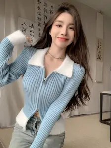 Light Blue Plaid Fuzzy Knit Cardigan, Korean Sweet Style, Dual Zipper Design, Polo Neck, Daily Commute, Casual Wear