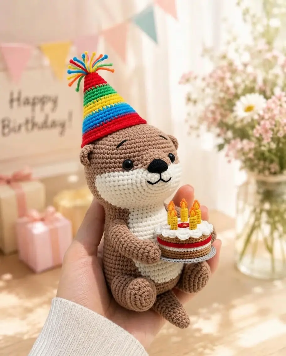 Handmade Crochet Otter Plush Birthday Gift Cute Amigurumi Animal Doll Birthday Party Decor Soft Handmade Gift