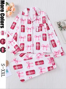 Dr Pepper,Women's 2-Piece Pajama Set, Long Sleeve Top & Elastic Pants, Casual Fall Winter Loungewear, All over Print Design