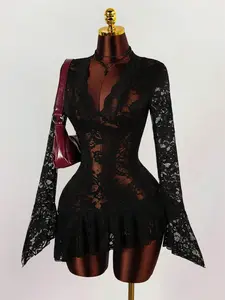 Amplova Summer Hippie Style Sheer Low-Cut Mini Dress For Women,Dresses For Women Party,Party Dresses For Women