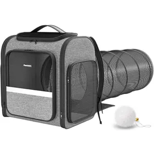 Pawtners Lightweight 2-in-1 Animal Carrier Backpack for Cats & Small-Medium Dogs, Detachable Play Tunnel, Multi-Directional Airflow Vents, Mesh Linen Design, for Travel & Hiking, Free Plush Bell Toy