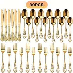 30-Piece Gold Silverware Set, Vintage Ornate Cutlery Set for 5, Stainless Steel Utensils with Hollow-Out Handles for Dining, Parties & Gifts