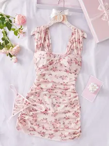 Women's Sleeveless Slim-Fitting Romantic Pink Floral Mesh Chemise Set - Ruched Bodycon Slip Dress with Matching Thong, Soft Rose Print Lace Sleepwear Lingerie outdoorfun