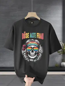Plus Size Casual T-Shirt, Drop Shoulder Design, Rainbow Sunglasses Skull Lady Print, Gradual Rainbow German Slogan, Comfortable Breathable Fabric