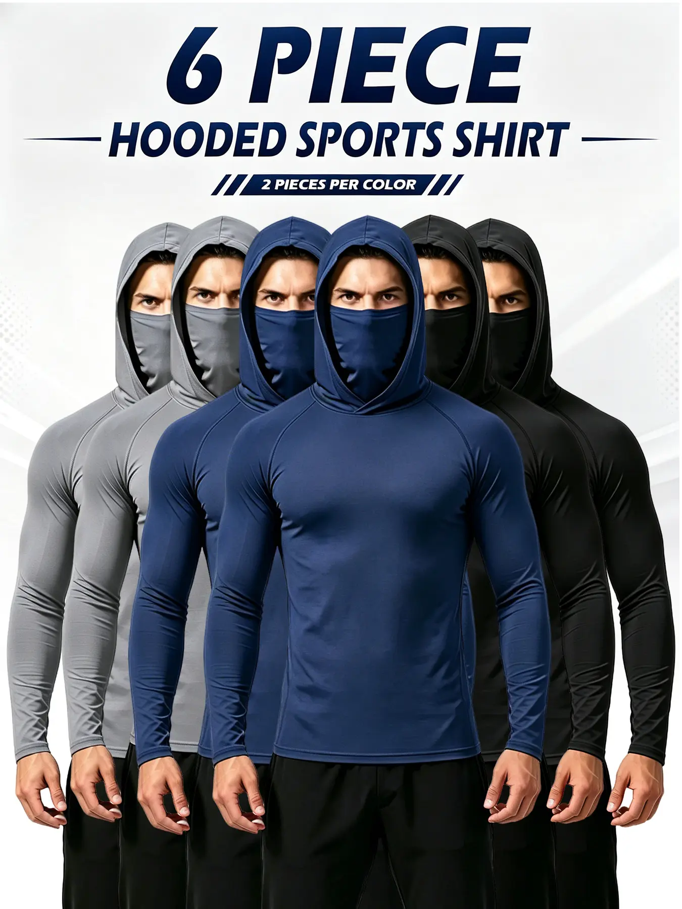 6/3 Pack Men's Sun Protection Long Sleeve Hooded Shirts, 4-Way Stretch Quick Dry Compression Work Shirt with Built-in Face Mask & Neck Gaiter, UV Protection for Fishing Cycling Gardening Outdoor Work