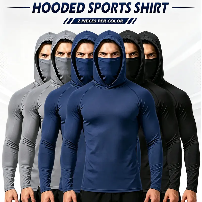 Men's 94% Polyester UV-Protective Long Sleeve Hooded Compression Tops (3-Pack/6-Pack) - Fitted 4-Way Stretch Quick Dry Shirts with Built-in Face Mask & Neck Gaiter, Ideal for Sports & Outdoors, Gardening