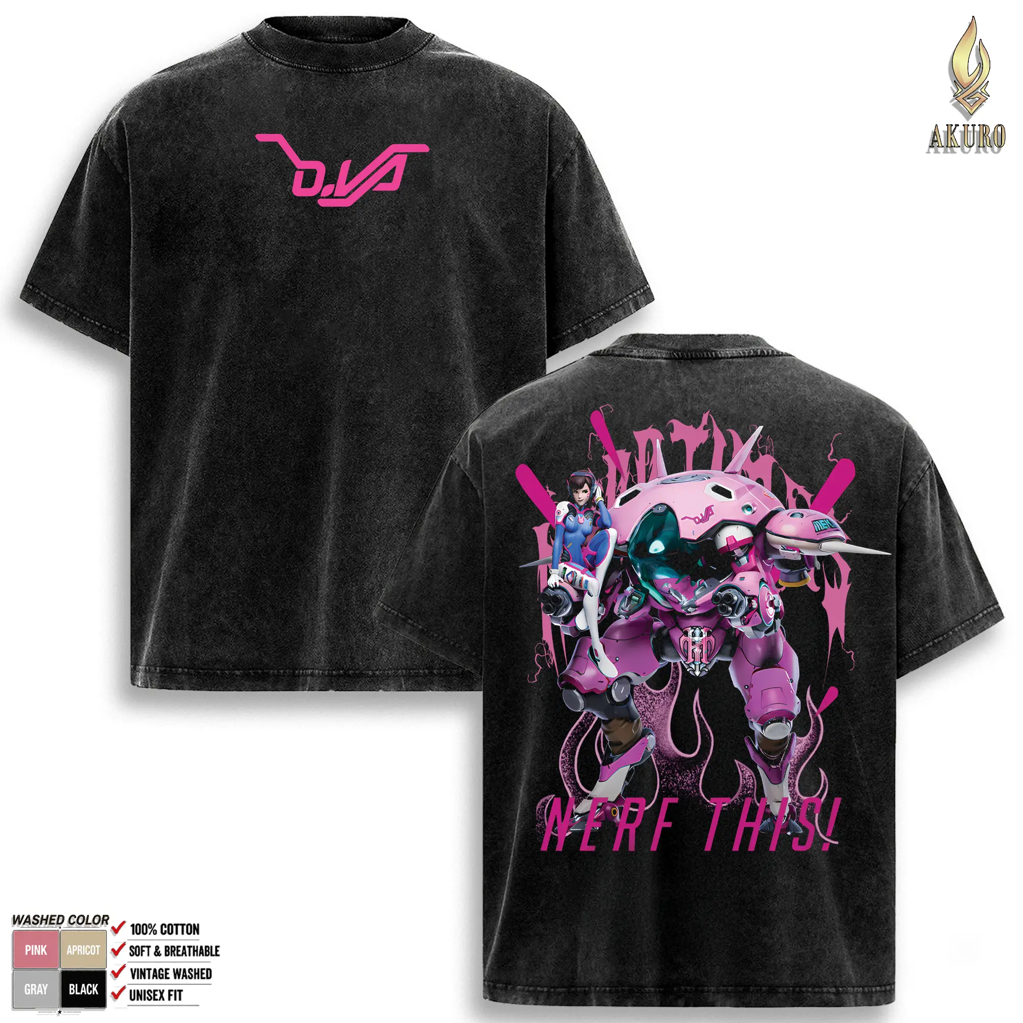 D.va Overwatch, Blizzard Collection Game Oversized Washed Tee Acid Washed Lightweight TSHIRT, Gift for him her Clothes Cotton
