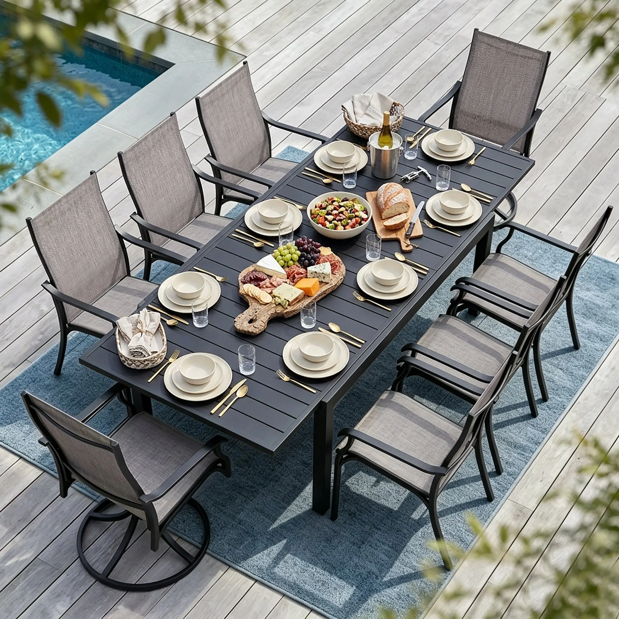9-Piece Aluminum Textilene Outdoor Dining Set, Extendable Table