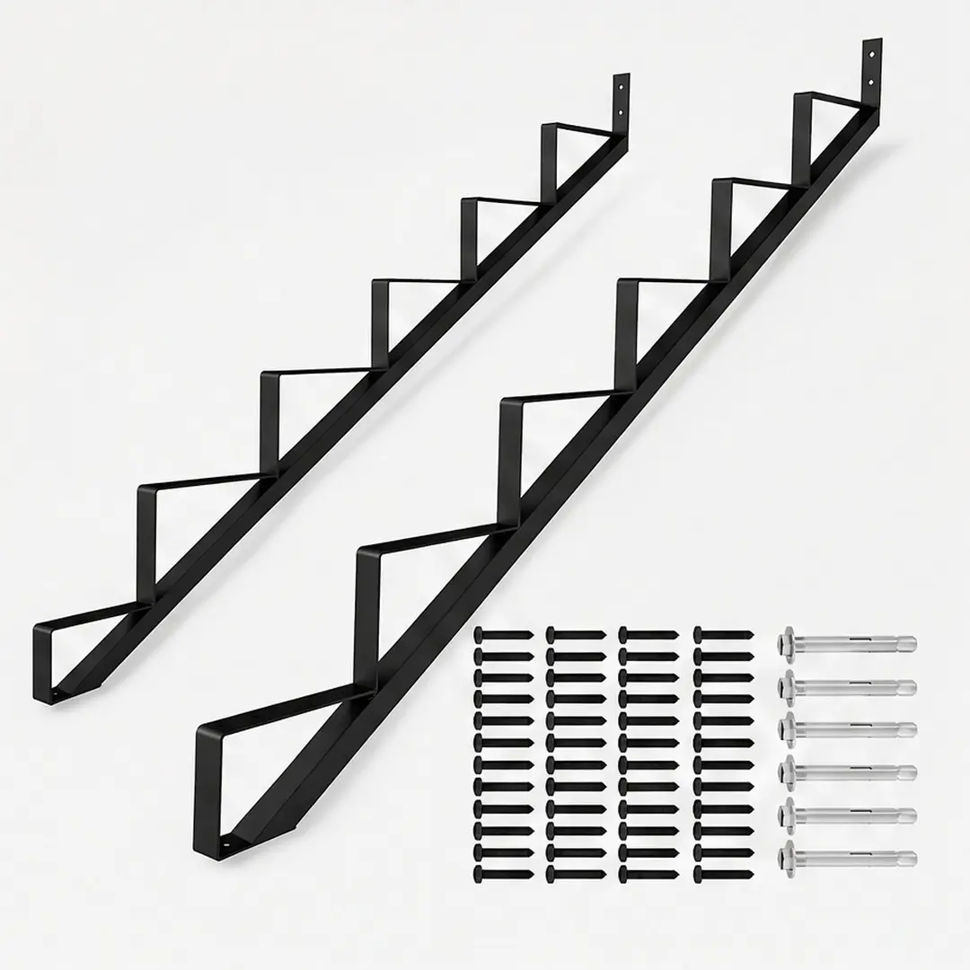 Steel Stair Riser 6 Step Stair Stringer for Deck Height 50in, Powder Coated Black Metal Outdoor Step Riser, 2pcs Stair Stringers for Hot Tub, Porch, Backyard, Courtyard, 500lbs Load Capacity, Easy Install Pre-Drilled Holes, Black Color Options