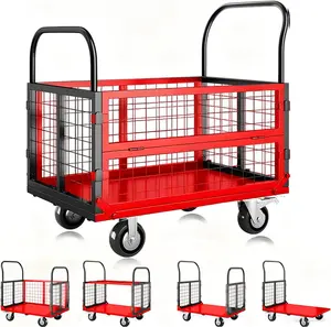 Platform Truck Cart with Cage, 6-in-1 Multi-Purpose Flatbed Cart, Foldable Hand Truck Load 1800LBS with 4 Wheels Push Dolly for Grocery, Laundry, Garage, Warehouse