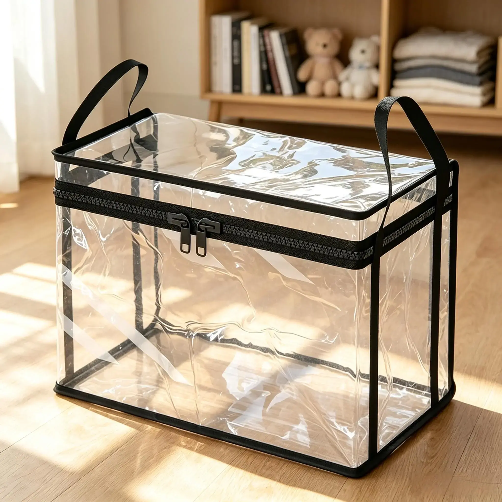 Large capacity, visible, Clear storage box, thickened Transparent PVC, waterproof and dustproof, with handle, a must-have for camping, travel, and moving; plush toy and book storage bag.