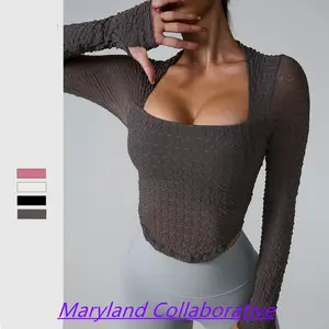 New long-sleeved yoga clothes bubble net yarn erogenous zone chest pad fitness long-sleeved sports T-shirt