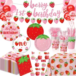 Berry First Birthday Decor Strawberry 1st Birthday Decorations for Plates, Napkins, Cups, Cutlery, Cupcake Toppers, Banner, Tablecloth, Balloons for Girls Strawberry Party Decorations, Serve 20