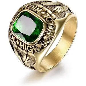 Emerald Color Green Stone Ring Stainless Steel Male Jewelry Eagle High School Rings Size 8-15 Emerald Color Green Stone Ring Stainless Steel Male Jewelry Eagle High School Rings Size 8-15