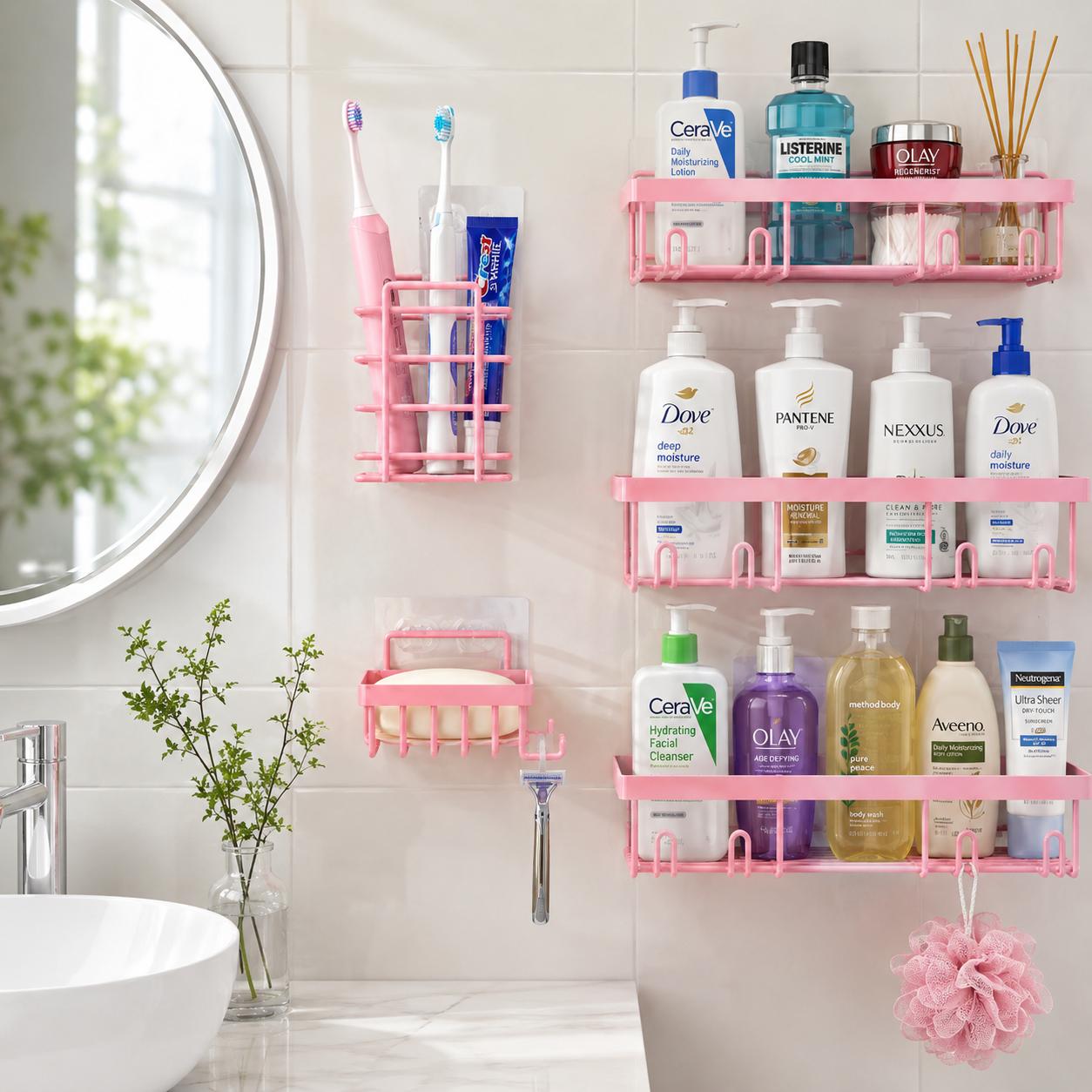 Black Shower Caddy 5 Pack, Adhesive Bathroom Organizer Shelves No Drilling, Rustproof Shower Storage Rack with Hooks, Toothbrush Holder & Soap Dish, Renter Friendly Apartment Essentials for Small Bathroom, Dorm, RV, Kitchen